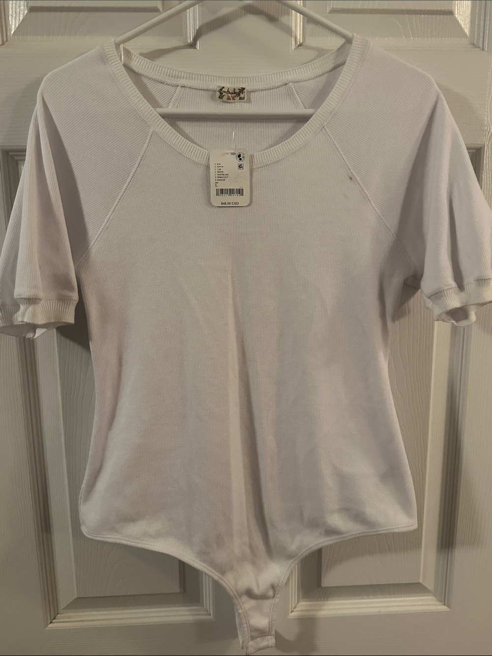 Free People  White Short-Sleeve Ribbed Bodysuit